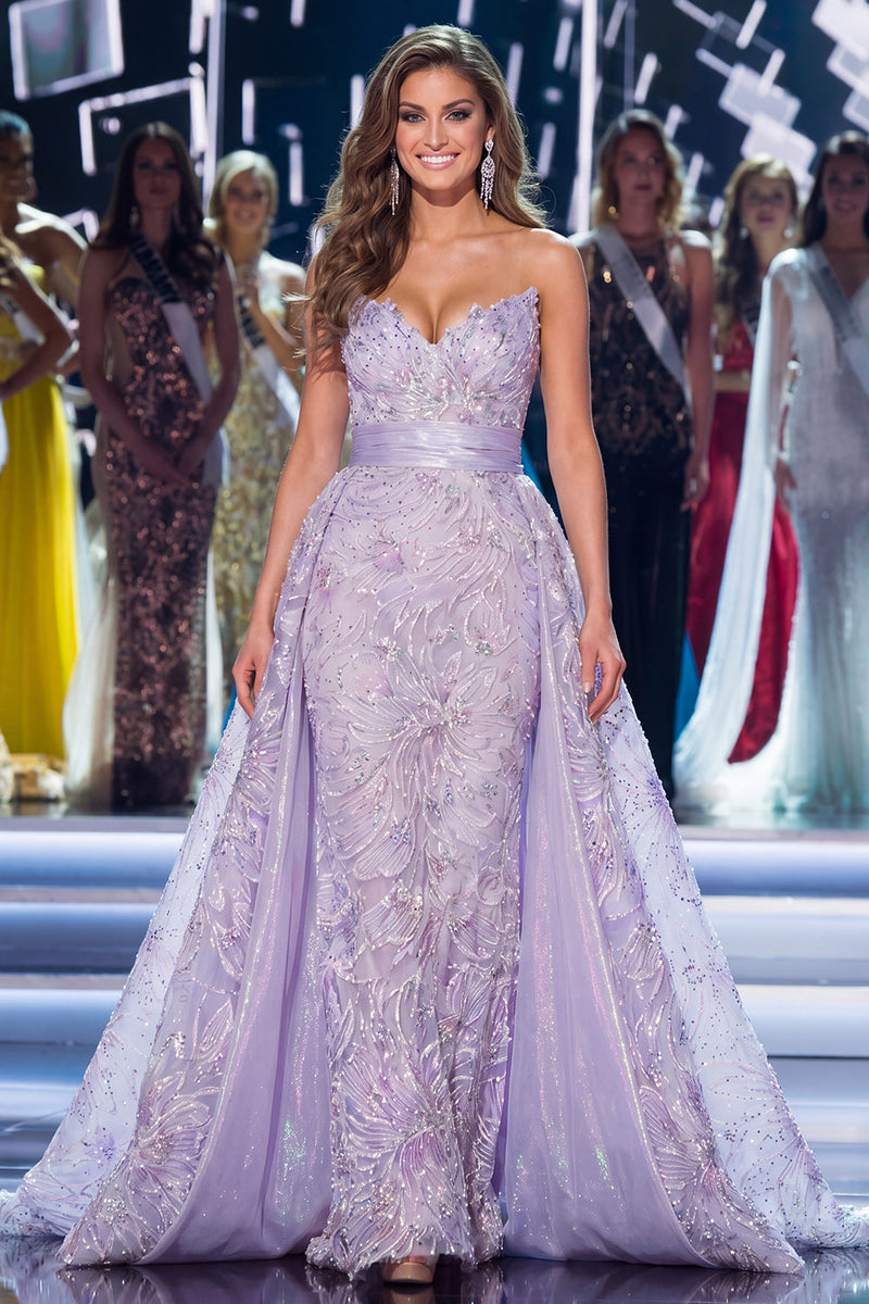 Load image into Gallery viewer, Sparkly Lilac Mermaid Strapless Floral Long Beaded Evening Dress with Cape