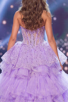Load image into Gallery viewer, Ruffled Sparkly Lilac Mermaid Corset Long Strapless Beaded Evening Dress with Slit