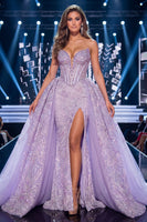 Load image into Gallery viewer, Floral Sparkly Lilac Mermaid Corset Long Beaded Strapless Evening Dress with Cape