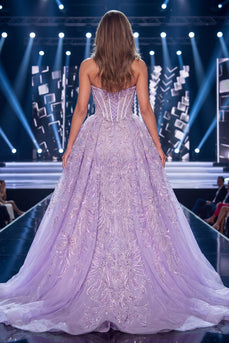 Floral Sparkly Lilac Mermaid Corset Long Beaded Strapless Evening Dress with Cape