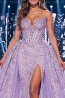 Load image into Gallery viewer, Floral Sparkly Lilac Mermaid Corset Long Beaded Strapless Evening Dress with Cape