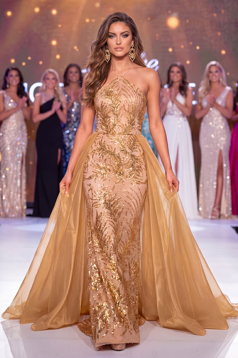 Load image into Gallery viewer, Halter Sparkly Mermaid Golden Long Sequin Evening Dress with Cape