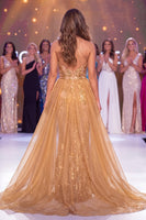 Load image into Gallery viewer, Halter Sparkly Mermaid Golden Long Sequin Evening Dress with Cape