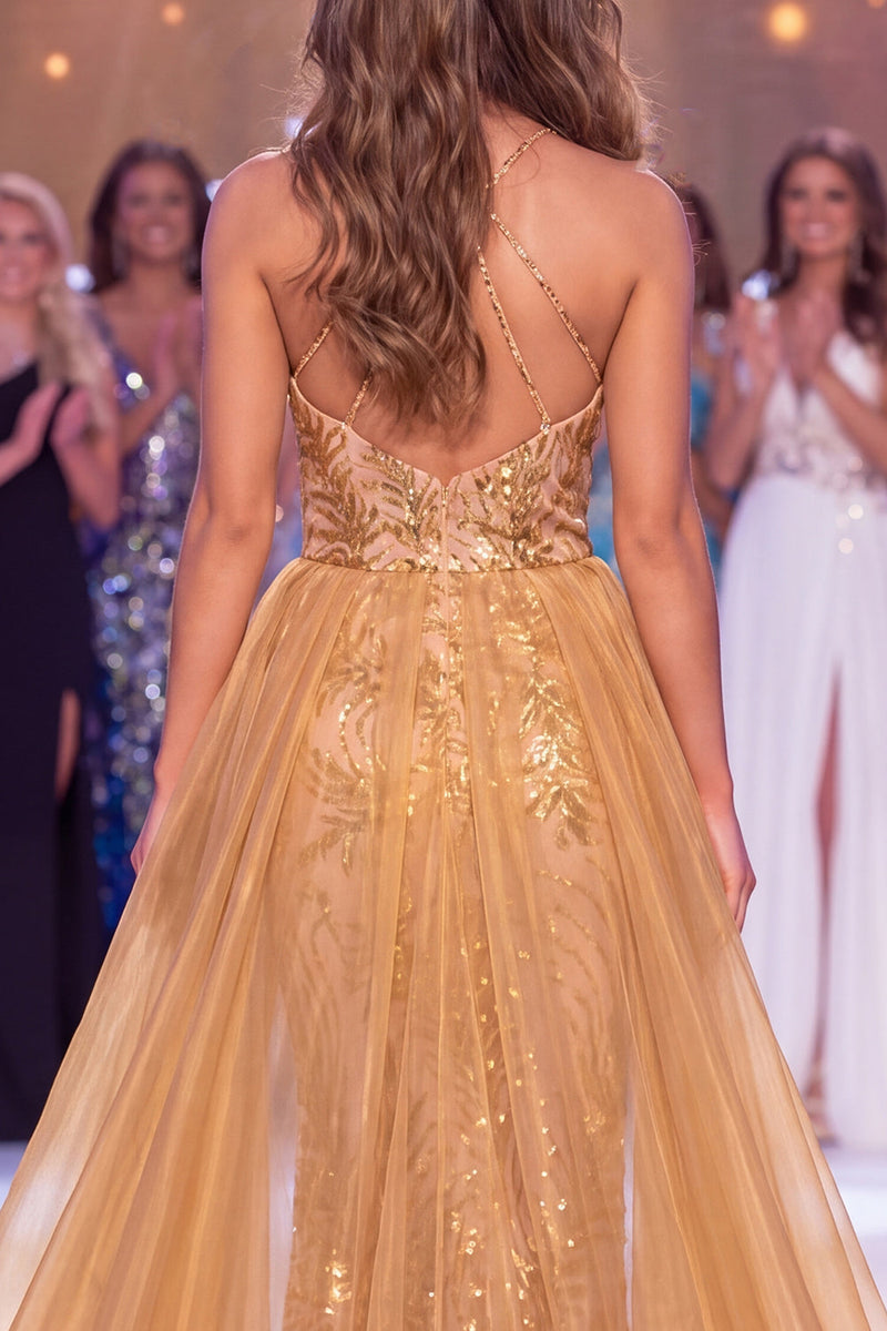 Load image into Gallery viewer, Halter Sparkly Mermaid Golden Long Sequin Evening Dress with Cape