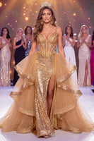 Load image into Gallery viewer, Sparkly Golden Corset Mermaid Ruffled Sequin Long Beaded Formal Dress with Slit