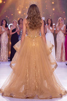 Load image into Gallery viewer, Sparkly Golden Corset Mermaid Ruffled Sequin Long Beaded Formal Dress with Slit