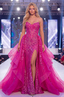 Load image into Gallery viewer, Sparkly Corset Mermaid Long Beaded Ruffled Fuchsia Evening Dress with Cape