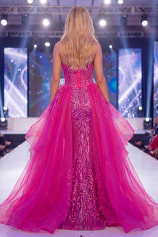 Sparkly Corset Mermaid Long Beaded Ruffled Fuchsia Evening Dress with Cape
