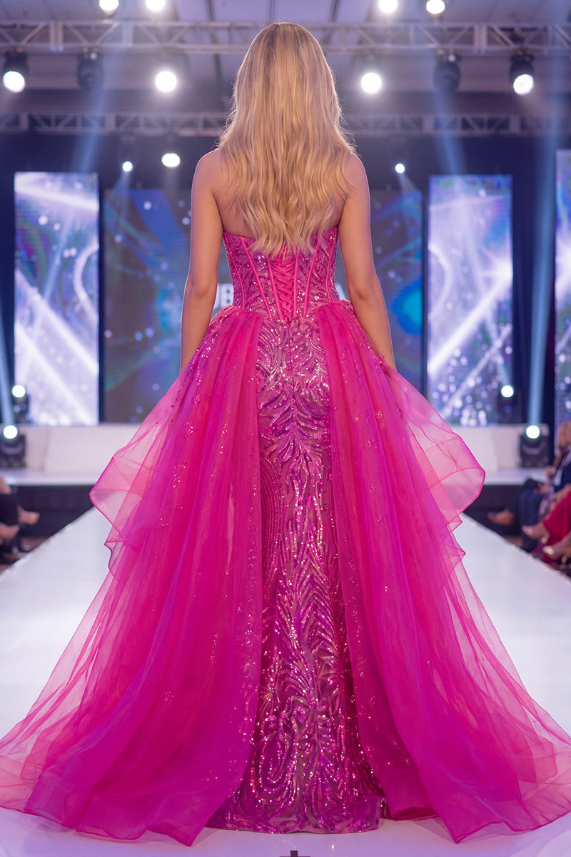 Load image into Gallery viewer, Sparkly Corset Mermaid Long Beaded Ruffled Fuchsia Evening Dress with Cape