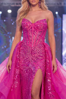 Load image into Gallery viewer, Sparkly Corset Mermaid Long Beaded Ruffled Fuchsia Evening Dress with Cape