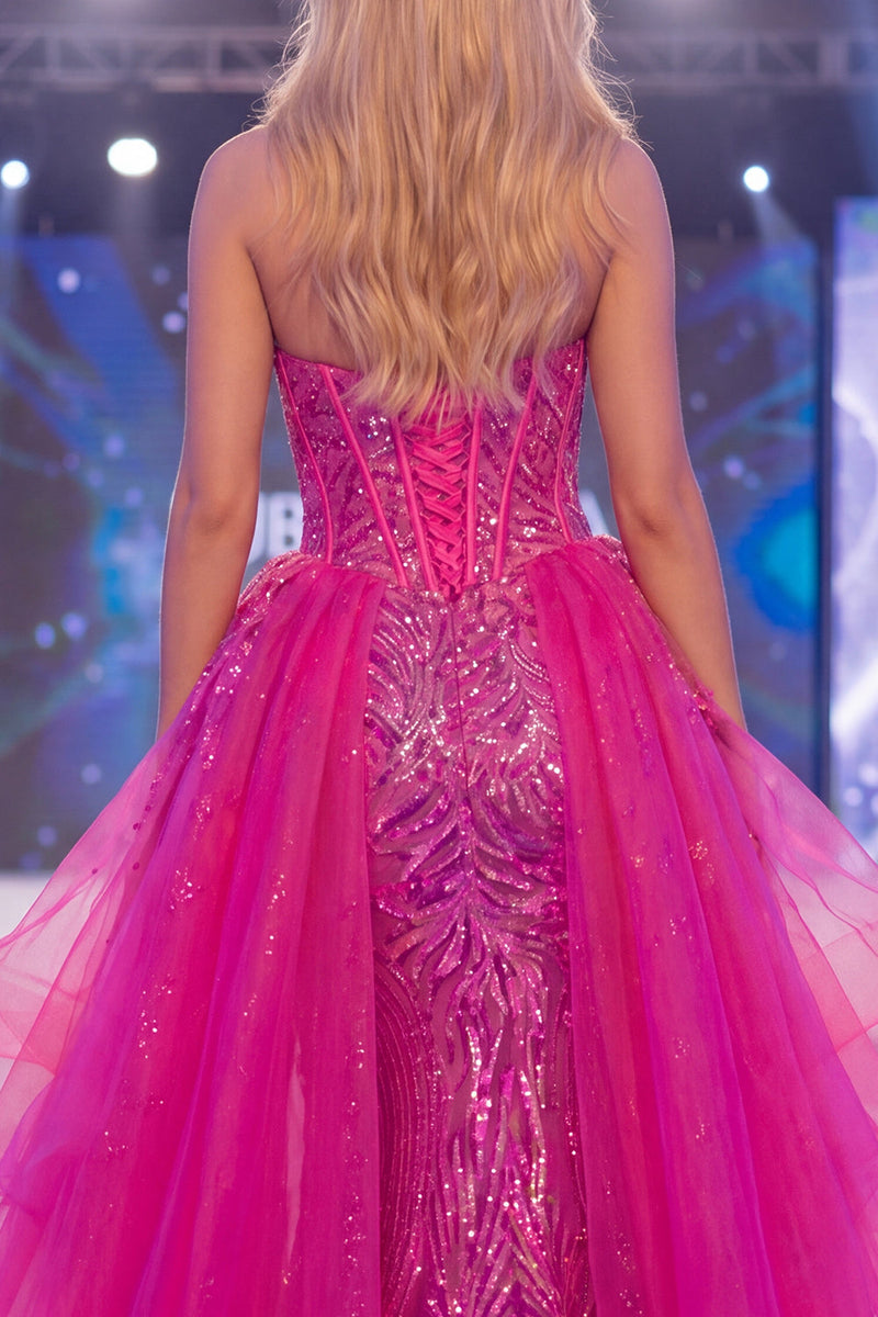 Load image into Gallery viewer, Sparkly Corset Mermaid Long Beaded Ruffled Fuchsia Evening Dress with Cape
