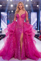 Load image into Gallery viewer, Sparkly Fuchsia Corset Mermaid Beaded Long Ruffled Evening Dress with Cape