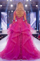 Load image into Gallery viewer, Sparkly Fuchsia Corset Mermaid Beaded Long Ruffled Evening Dress with Cape