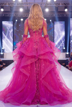 Sparkly Fuchsia Corset Mermaid Beaded Long Ruffled Evening Dress with Cape
