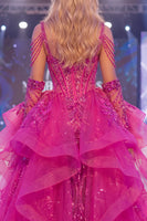Load image into Gallery viewer, Sparkly Fuchsia Corset Mermaid Beaded Long Ruffled Evening Dress with Cape