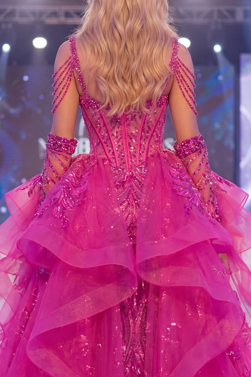 Load image into Gallery viewer, Sparkly Fuchsia Corset Mermaid Beaded Long Ruffled Evening Dress with Cape