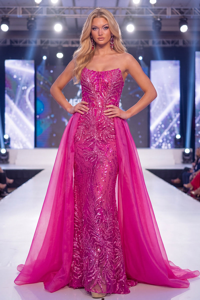 Load image into Gallery viewer, Strapless Sparkly Fuchsia Mermaid Beaded Long Evening Dress with Cape