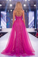 Load image into Gallery viewer, Strapless Sparkly Fuchsia Mermaid Beaded Long Evening Dress with Cape