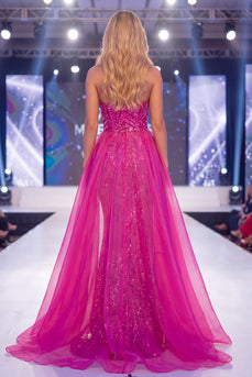 Strapless Sparkly Fuchsia Mermaid Beaded Long Evening Dress with Cape