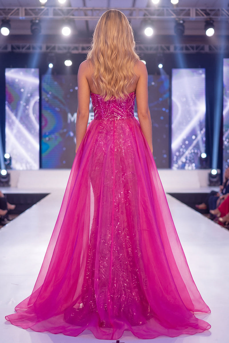 Load image into Gallery viewer, Strapless Sparkly Fuchsia Mermaid Beaded Long Evening Dress with Cape