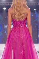 Load image into Gallery viewer, Strapless Sparkly Fuchsia Mermaid Beaded Long Evening Dress with Cape