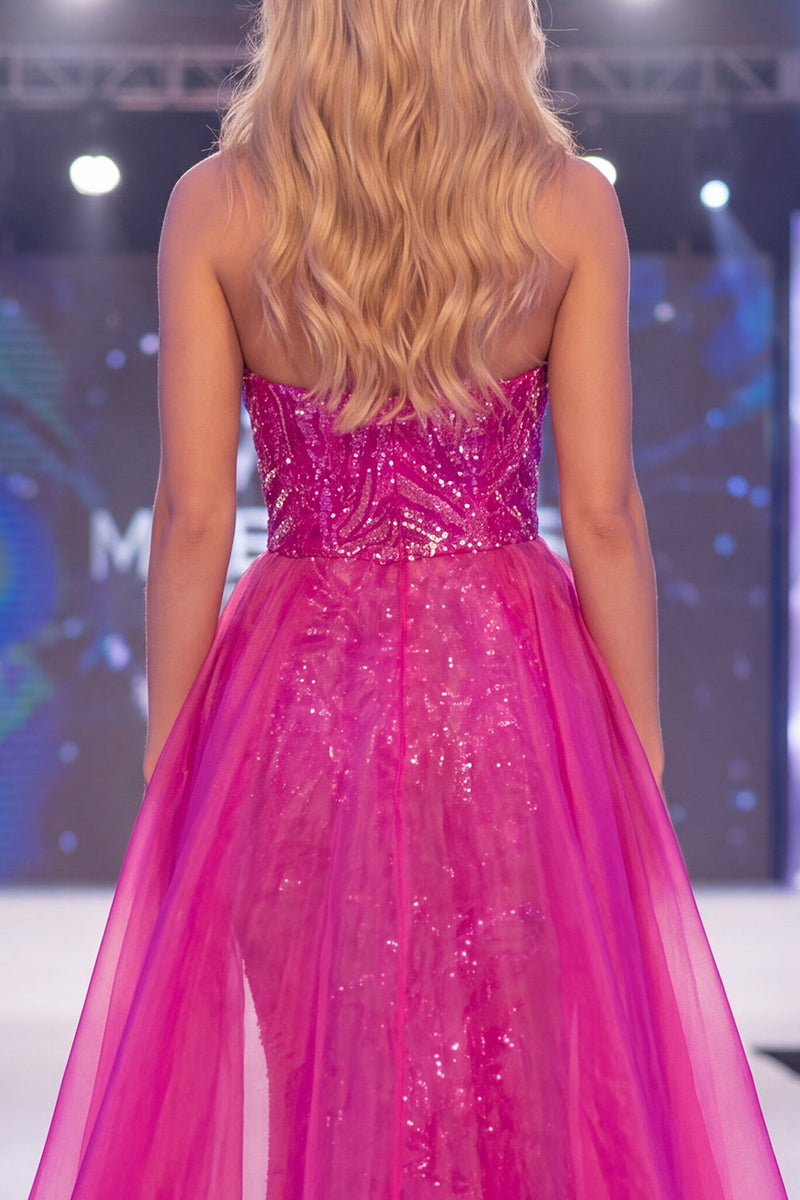 Load image into Gallery viewer, Strapless Sparkly Fuchsia Mermaid Beaded Long Evening Dress with Cape