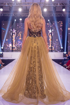 Sparkly Black Golden Floral Mermaid Corset Long Sequin Evening Dress with Slit
