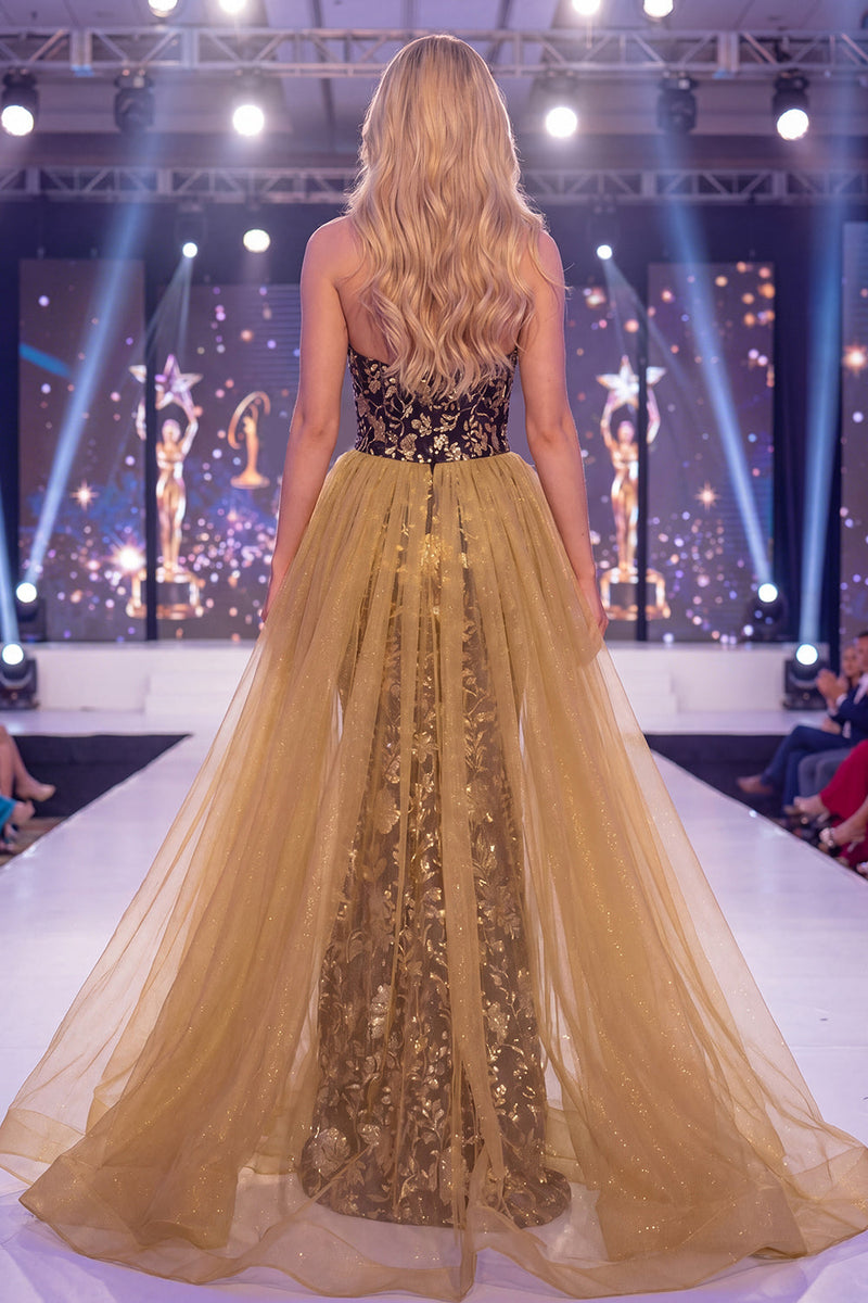 Load image into Gallery viewer, Sparkly Black Golden Floral Mermaid Corset Long Sequin Evening Dress with Slit