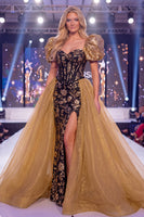 Load image into Gallery viewer, Corset Mermaid Long Sparkly Floral Black Golden Sequin Evening Dress with Slit