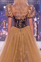Load image into Gallery viewer, Corset Mermaid Long Sparkly Floral Black Golden Sequin Evening Dress with Slit