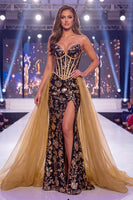 Load image into Gallery viewer, Sparkly Long Sequin Black Golden Floral Mermaid Corset Evening Dress with Cape