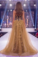 Load image into Gallery viewer, Sparkly Long Sequin Black Golden Floral Mermaid Corset Evening Dress with Cape