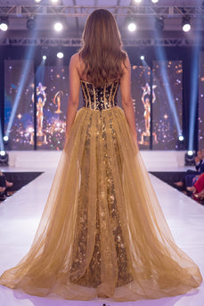 Sparkly Long Sequin Black Golden Floral Mermaid Corset Evening Dress with Cape