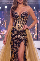 Load image into Gallery viewer, Sparkly Long Sequin Black Golden Floral Mermaid Corset Evening Dress with Cape