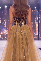 Load image into Gallery viewer, Sparkly Long Sequin Black Golden Floral Mermaid Corset Evening Dress with Cape
