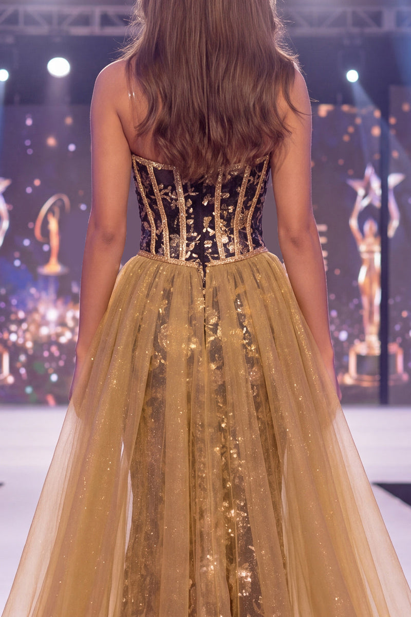 Load image into Gallery viewer, Sparkly Long Sequin Black Golden Floral Mermaid Corset Evening Dress with Cape