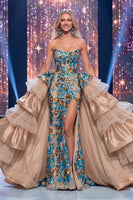 Load image into Gallery viewer, Ruffled Sparkly Blue Mermaid Floral Long Beaded Strapless Evening Dress with Slit