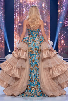 Ruffled Sparkly Blue Mermaid Floral Long Beaded Strapless Evening Dress with Slit