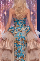 Load image into Gallery viewer, Ruffled Sparkly Blue Mermaid Floral Long Beaded Strapless Evening Dress with Slit