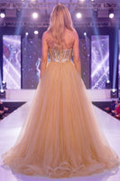 Load image into Gallery viewer, Sparkly Champagne Strapless Mermaid Corset Long Beaded Evening Dress with Cape