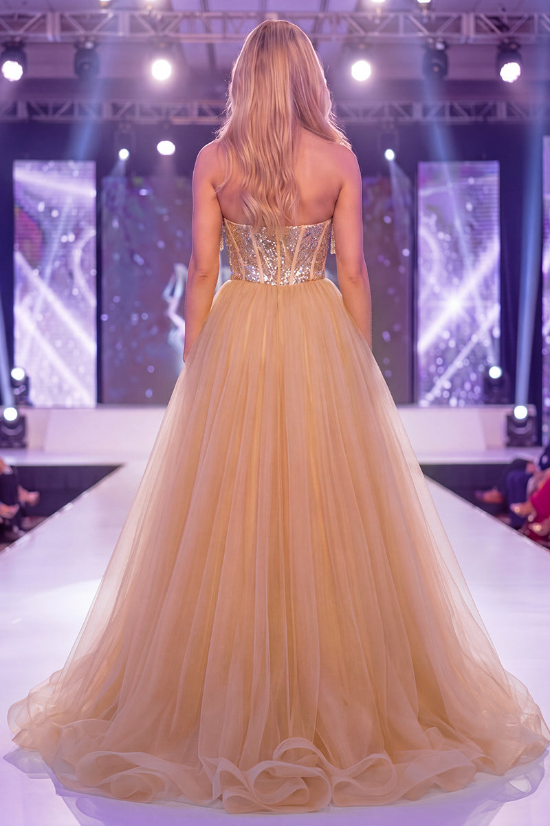 Load image into Gallery viewer, Sparkly Champagne Strapless Mermaid Corset Long Beaded Evening Dress with Cape