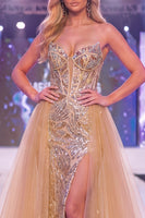 Load image into Gallery viewer, Sparkly Champagne Strapless Mermaid Corset Long Beaded Evening Dress with Cape