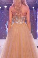 Load image into Gallery viewer, Sparkly Champagne Strapless Mermaid Corset Long Beaded Evening Dress with Cape