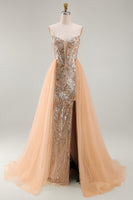 Load image into Gallery viewer, Sparkly Champagne Strapless Mermaid Corset Long Beaded Evening Dress with Cape