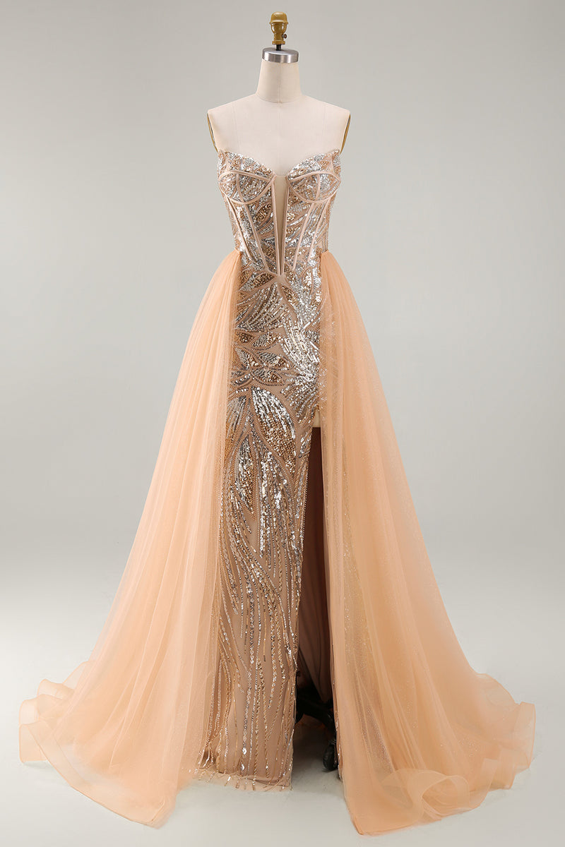 Load image into Gallery viewer, Sparkly Champagne Strapless Mermaid Corset Long Beaded Evening Dress with Cape