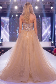 Sparkly Champagne Strapless Mermaid Corset Long Beaded Evening Dress with Cape