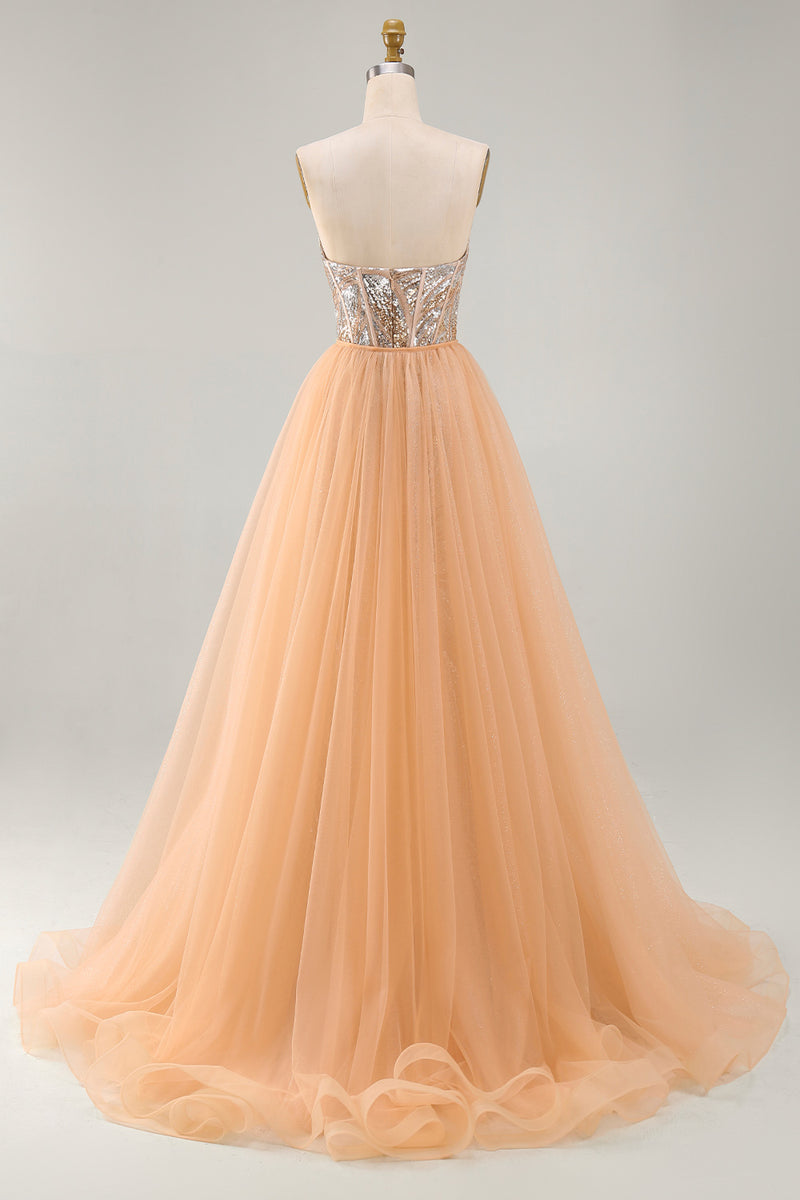 Load image into Gallery viewer, Sparkly Champagne Strapless Mermaid Corset Long Beaded Evening Dress with Cape