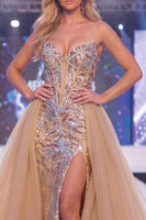 Load image into Gallery viewer, Sparkly Champagne Strapless Mermaid Corset Long Beaded Evening Dress with Cape