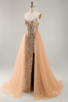 Load image into Gallery viewer, Sparkly Champagne Strapless Mermaid Corset Long Beaded Evening Dress with Cape