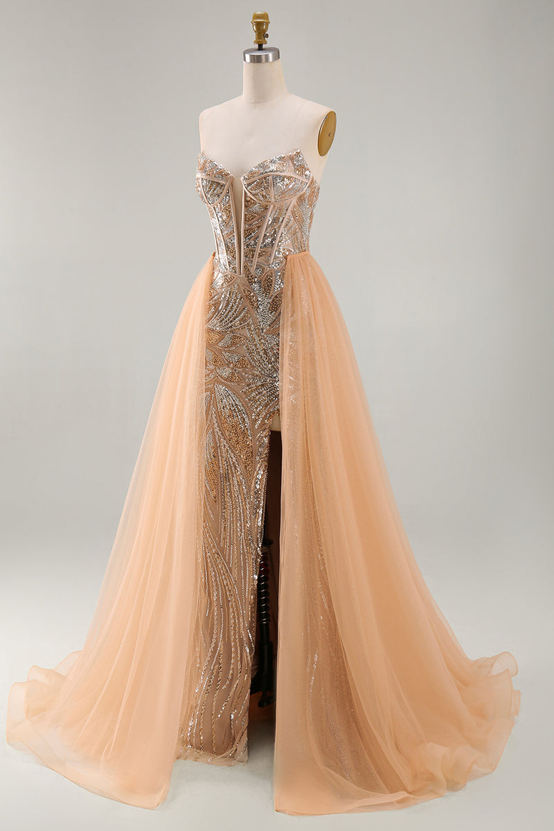 Load image into Gallery viewer, Sparkly Champagne Strapless Mermaid Corset Long Beaded Evening Dress with Cape